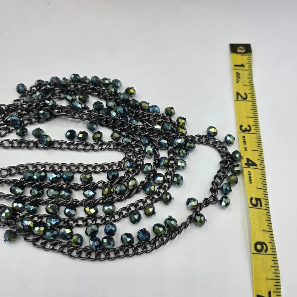 Gunmetal Multi-Strand Bib Necklace Iridescent AB Faceted Beads 5-Tier Statement